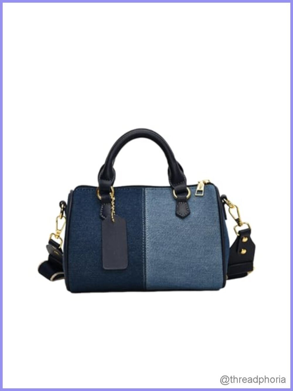 Denim Boston Bag with PU Trim Gold-tone Hardware Patchwork Satchel